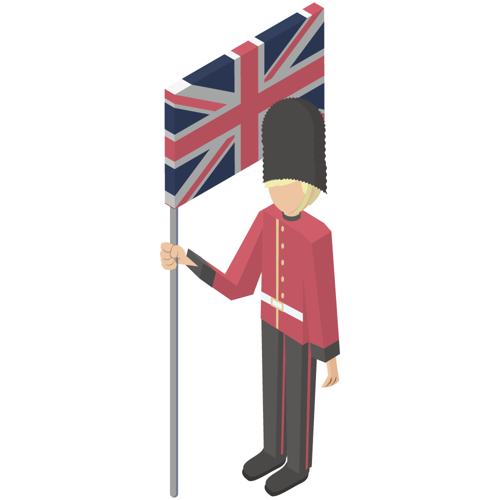シンプルでアイソメトリックな立体的な国旗を持ったイギリスの兵隊の素材