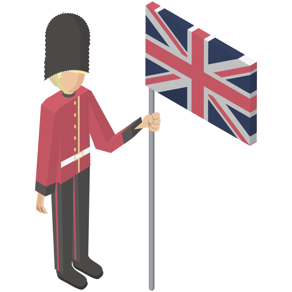 シンプルでアイソメトリックな立体的なイギリス国旗を持ったロンド近衛兵の素材