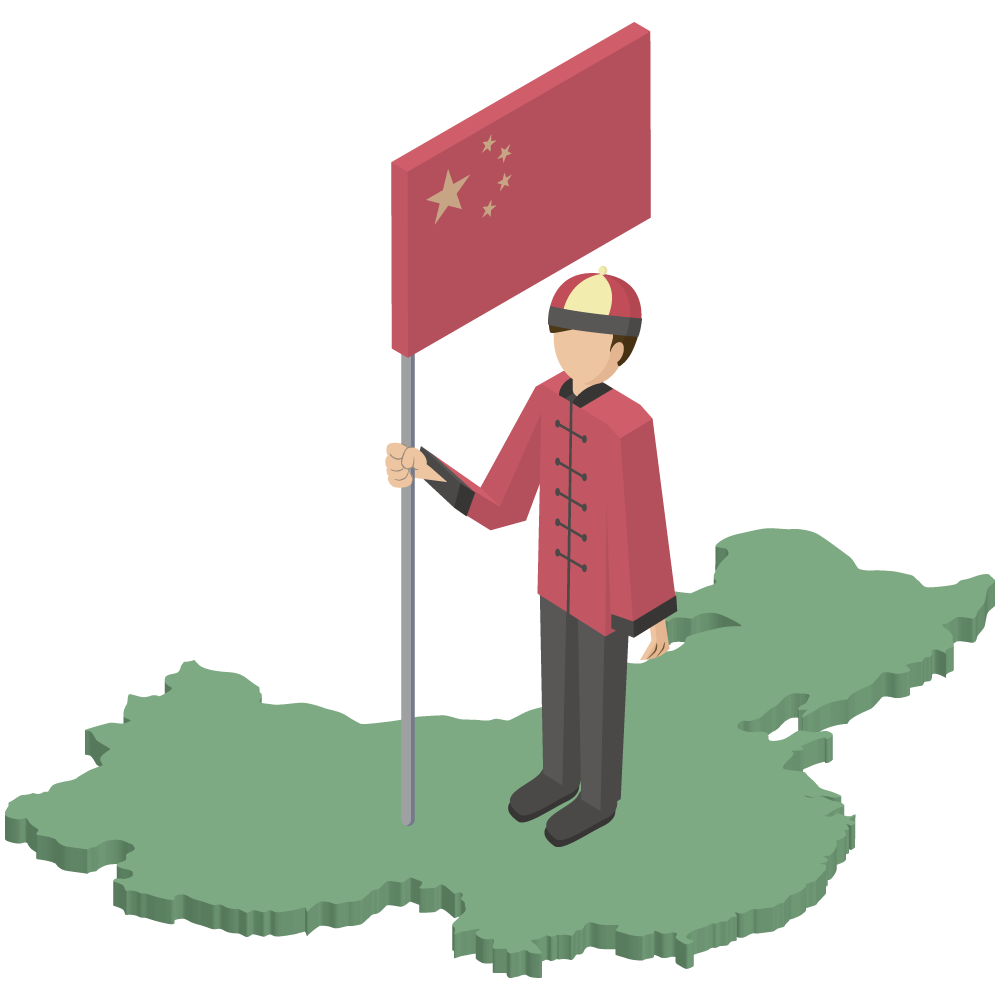 シンプルでアイソメトリックな立体的な中国の地図の上に立つ国旗を持った男性の素材