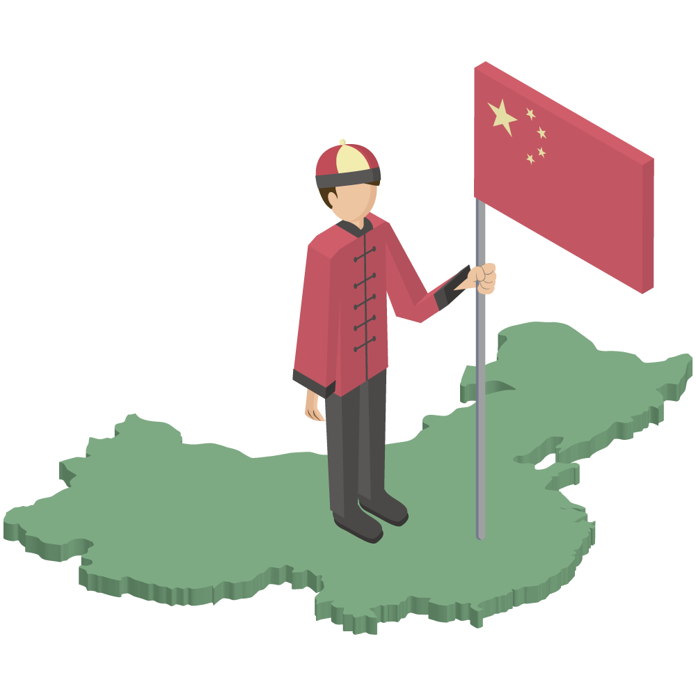 シンプルでアイソメトリックな立体的な中国地図の上に立つ国旗を持った男性の素材
