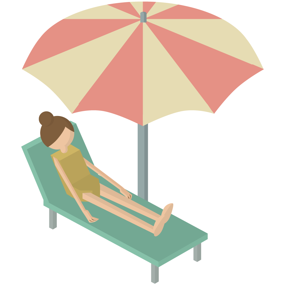 シンプルでかわいいビーチパラソルの下のボンボンベッドで横になる女性の素材