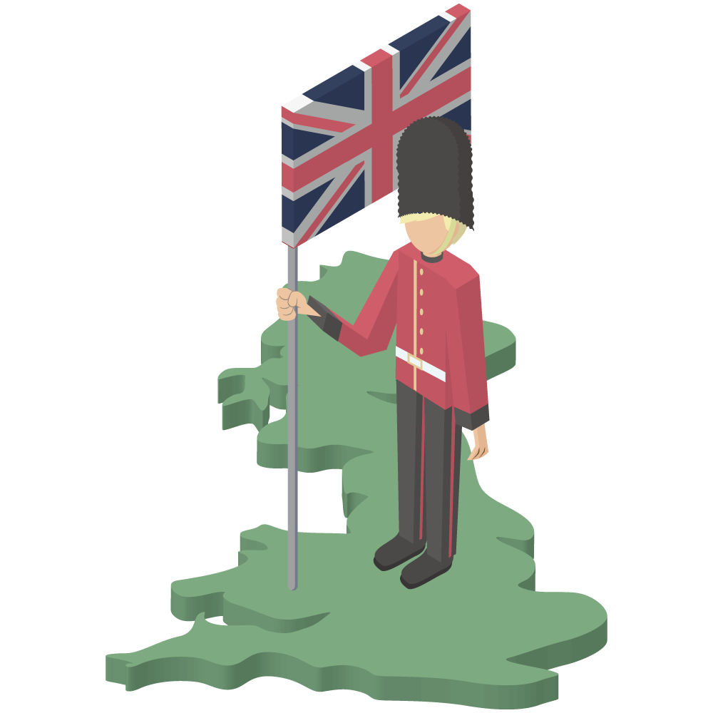シンプルでアイソメトリックな立体的なイギリスの地図の上に立つ国旗を持った兵隊の素材