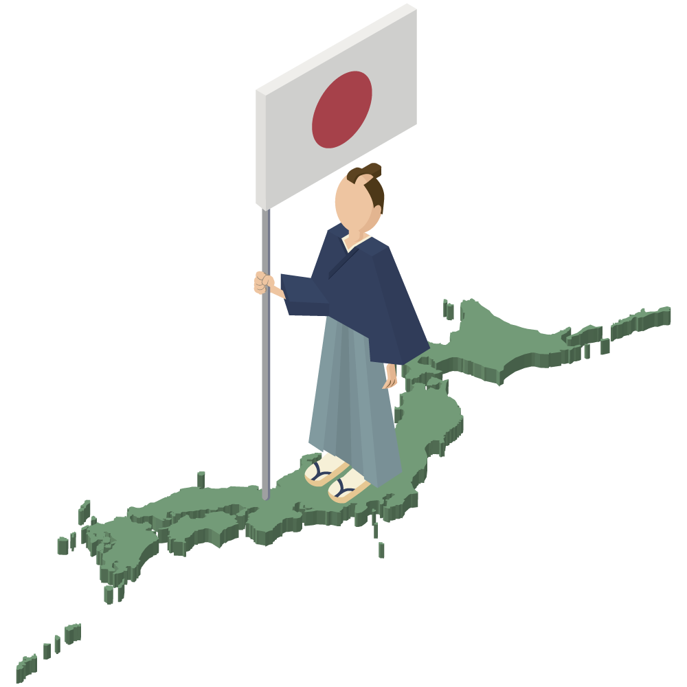 シンプルでアイソメトリックな立体的な日本地図の上に立つ日本の国旗を持った侍の素材
