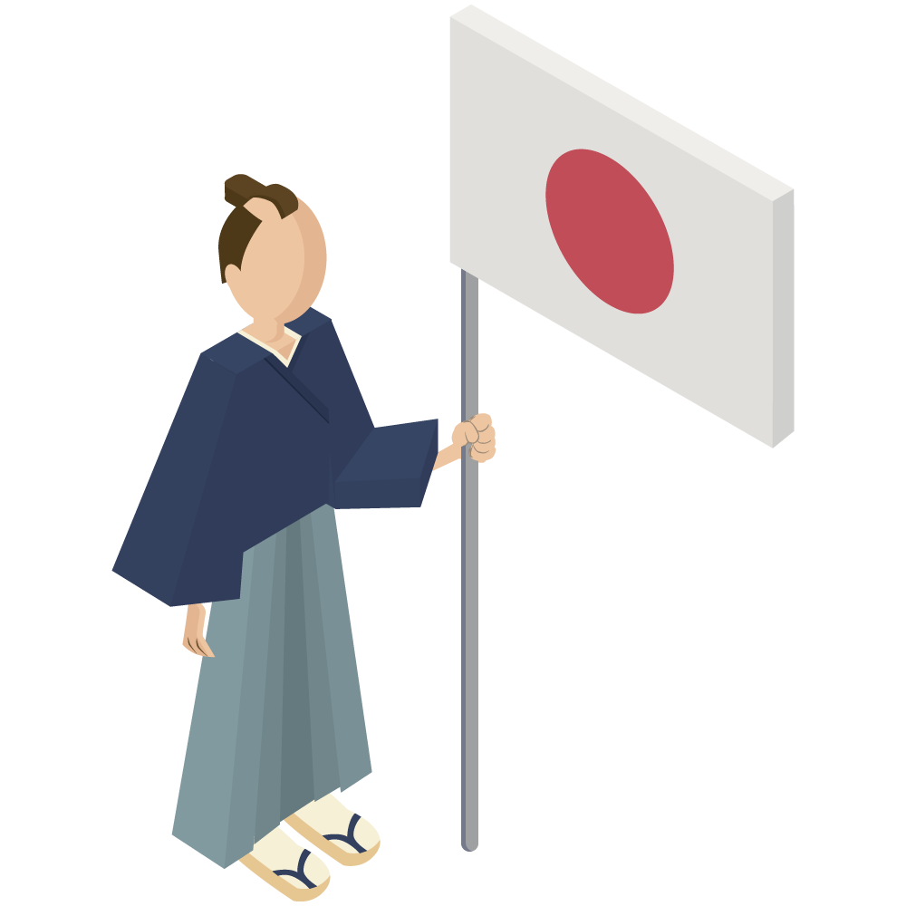 シンプルでアイソメトリックな立体的な日の丸を持った着物の日本男性の素材