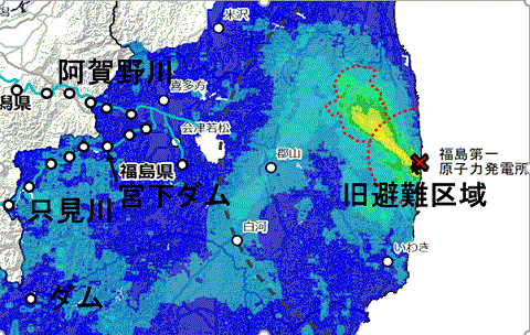 発電所用のダムが連なっている放射能汚染の福島