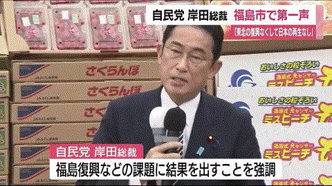福島産サクランボの前で第一声を上げる岸田総理